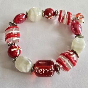 Christmas bracelet stretch glass beads chunky holiday xmas jewelry red white